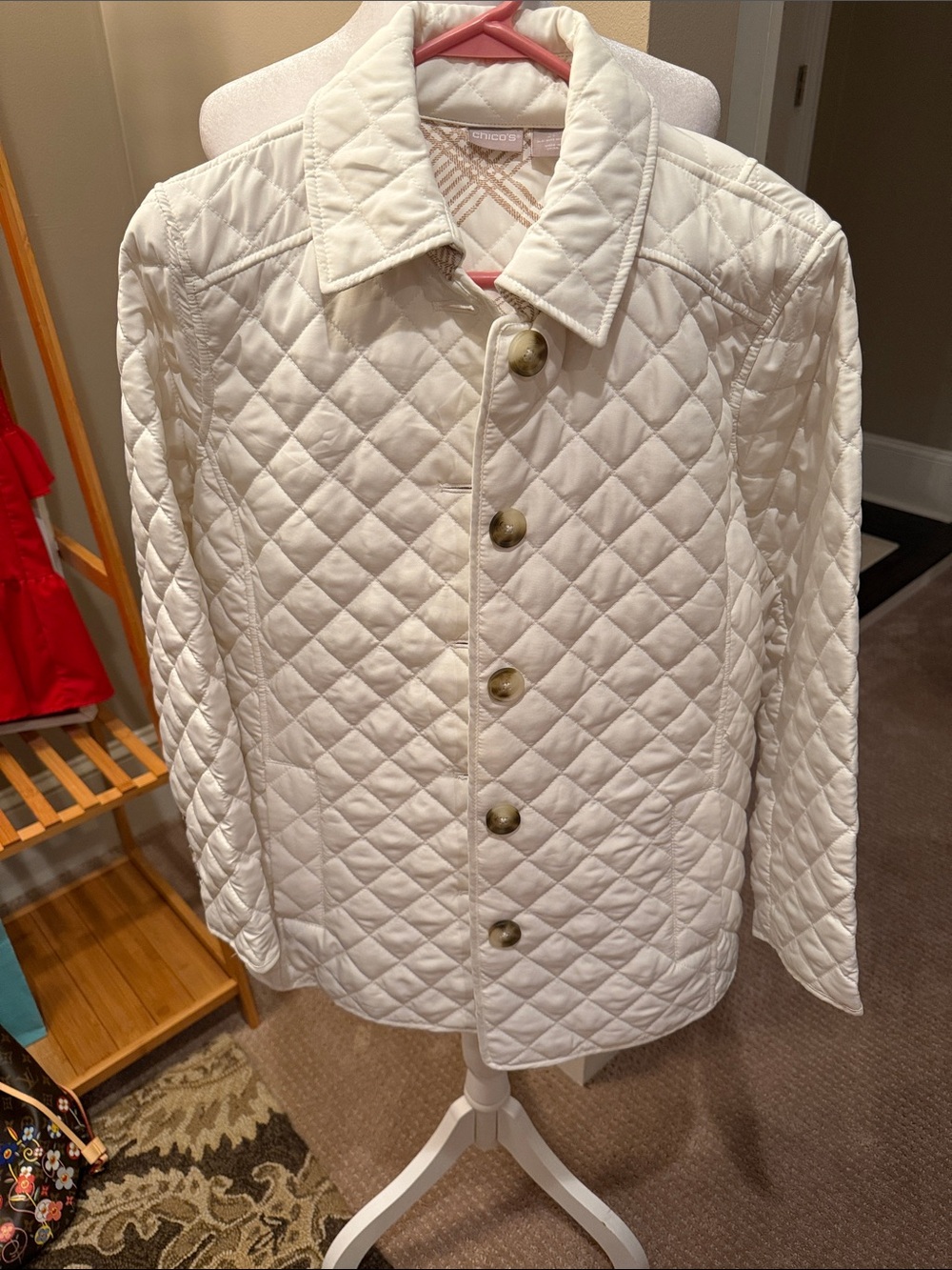 Chico's Quilted Button-Front Puffer Jacket in Cream